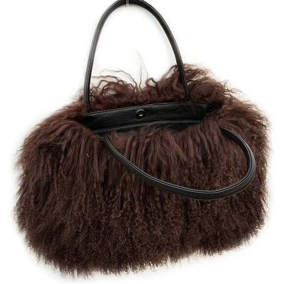 ✨ Finiluo Leather Handles Women Brown Luxury Mongolian Flush Wool Fur Handbag